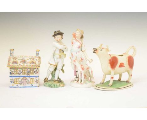 Group of  mainly 19th century ceramics, to include Quimper money box, Staffordshire cow creamer, porcelain figure of Diana, e