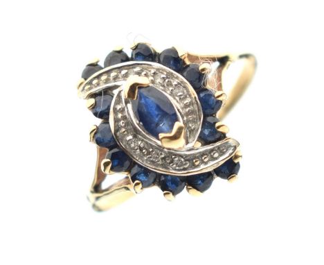 9ct gold, sapphire and diamond cluster ring, size P, 2.8g gross approx