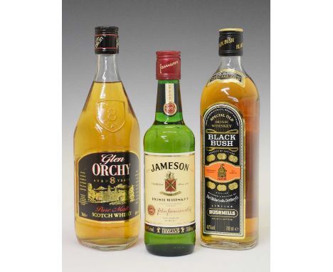 Glen Orchy Scotch Whisky, aged 8 years, 1 bottle, Black Bush Special Old Irish Whiskey, 1 bottle, and Jameson Irish Whiskey, 