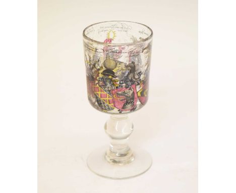 Continental soda glass goblet, of cylindrical form raised on knopped stem and spreading foot, enamelled with heraldic decorat