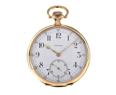 Zenith - An open-faced pocket watch, the case stamped '14K', the signed white enamel dial with black Arabic numerals, gilt ha
