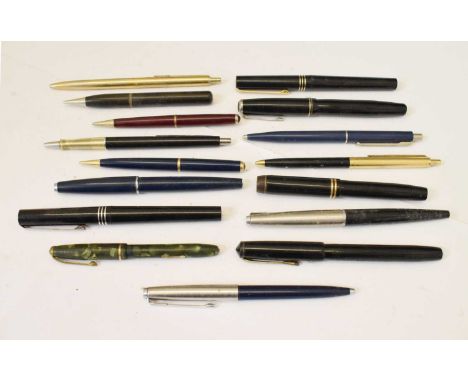 Collection of vintage fountain and other pens including Parker, Osmiroid and three with 14ct nibs