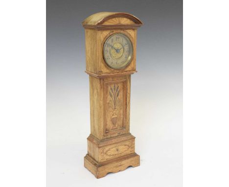 Late 19th century inlaid longcase-form mantel clock, having a gilt Arabic dial with gilt relief foliate centre, 15cm x 9cm x 