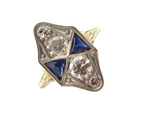 Art Deco-style sapphire and diamond ring, the four diamonds and two triangular cut sapphires set into white metal, the yellow