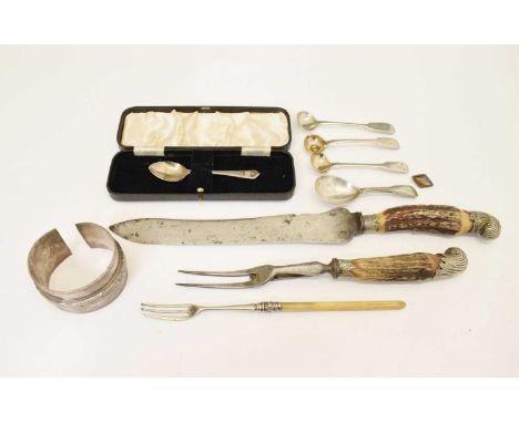 George IV silver caddy spoon, London 1829, two-piece white-metal mounted stag horn handled carving set, North African white m