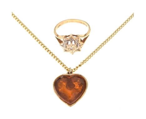 9ct gold diamond set dress ring, size L, and a 9ct gold curb link chain, 7.5g gross approx, with a citrine-coloured heart sha