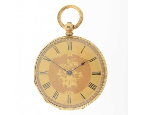 Lady's 18K cased yellow metal pocket watch, having a gilt Roman chapter ring framing engraved floral centre and blued steel h