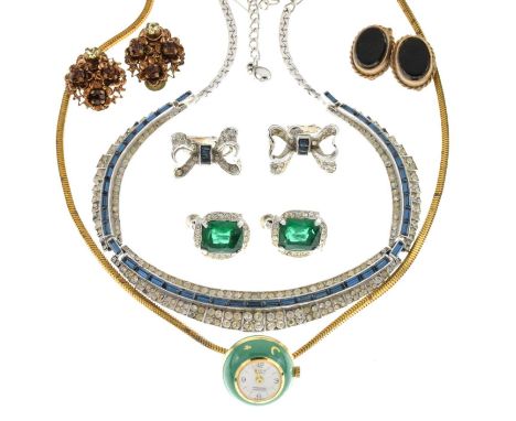 Collection of costume jewellery, comprising: a blue and white paste-set three-part necklace and matching 'bow' earrings, in M