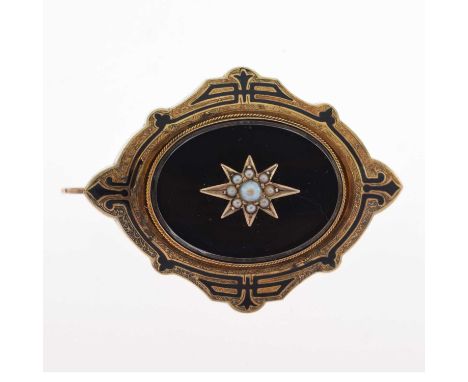 Victorian mourning pendant brooch having enamel and seed pearl decoration, the reverse with glazed panel with a lock of hair,