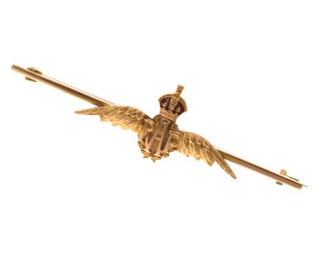 9ct gold RAF bar brooch having red enamel decoration, 5cm long approx, 3.1g approx, in fitted box
