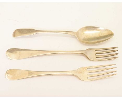 Victorian Irish silver dessert fork, Dublin 1893, Georgian Irish silver fork, Dublin 1816, and a Victorian fiddle pattern des