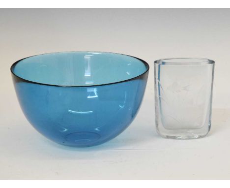 Orrefors 'Fuga' blue glass bowl, 21cm diameter x 12cm high, together with a mid-20th century Stromberg glass vase, thick wall