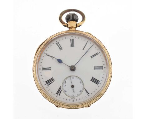 '18K' yellow metal open face fob watch, having a white enamel Roman dial with blued steel spade hands and seconds subsidiary 