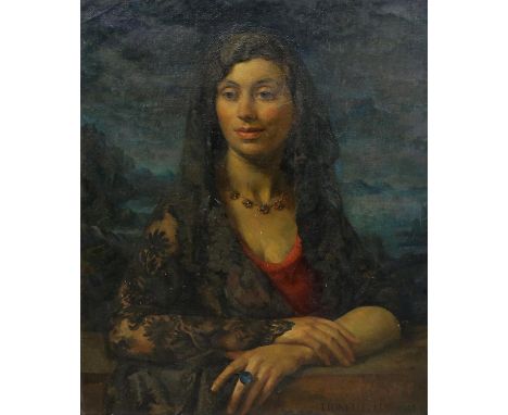 § Lionel Ellis (1903-1988),. Summer, Portrait of Woman with Lace Mantilla. Oil on canvas 1933, signed and dated lower right, 