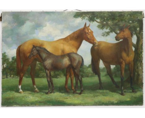 § Lionel Ellis. (1903-1988) Two Horses and a foal in a paddock. Oil on canvas, unsigned. Unframed.  61 x 92cm. Lionel Ellis A
