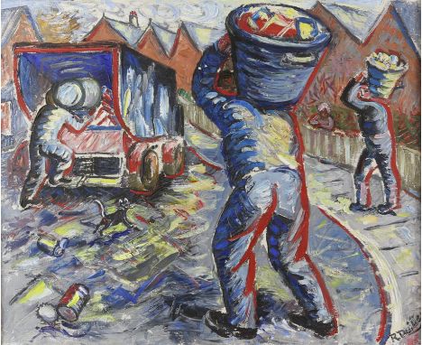 REVISED ESTIMATE R Dailley (British 20th century), 'Refuse collectors in Cedars Royal before the strike in 1970', signed, ins