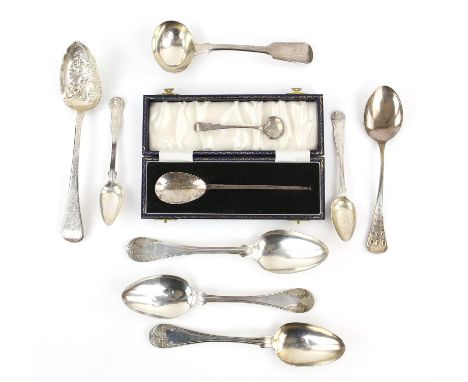 Various silver ware (mostly spoons), George III engraved berry spoon, four Swedish spoons, William IV fiddle pattern sauce la