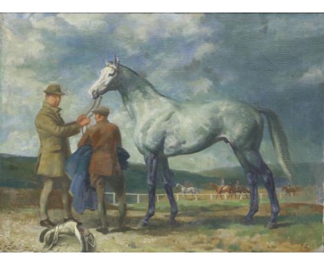 § Lionel Ellis (1903-1988). Grey Horse at a Racecourse. Oil on canvas, signed with initials lower left. 64 x 82cms. Lionel El