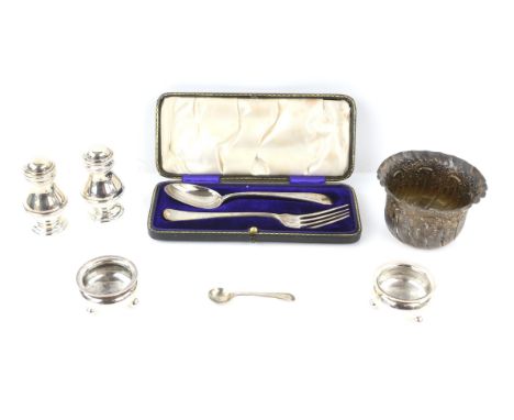 Pair of silver pepperettes, London 1935, pair of cauldron salts, Chester 1900, cased spoon and fork, Birmingham 1938, London 