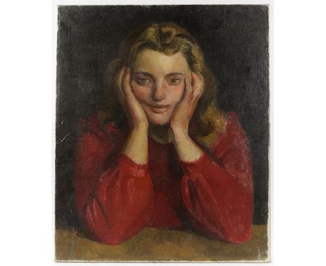 § Lionel Ellis (1903-1988). Portrait of a Pensive Girl in Red. Oil on canvas, unsigned. 61 x 52cm. Lionel Ellis ARCA (1903-19