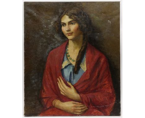 § Lionel Ellis. (1903-1988)  Portrait of a smiling Woman in Red Shawl.  Oil on canvas, unsigned. 75 x 64. Note another painti