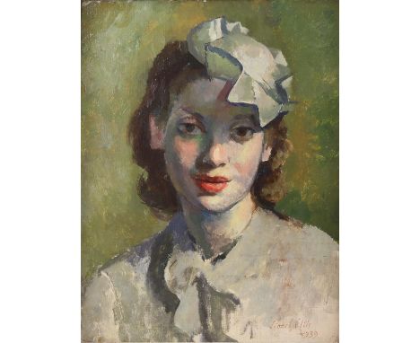§ Lionel Ellis (1903-1988), Portrait of a Woman in a White Hat. Oil on canvas 1939, signed and dated lower right. 58 x 49cm. 