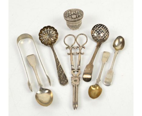 Georgian fiddle pattern silver sifting spoon London 1828, another sifting spoon, 3 fiddle pattern teaspoons, a Georgian pair 