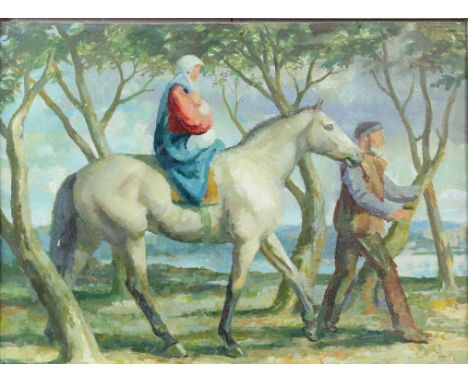 § Lionel Ellis. (1903-1988)  Modern Interpretation of the Holy Family journeying. Oil on board, unsigned 36 x 47. Together wi