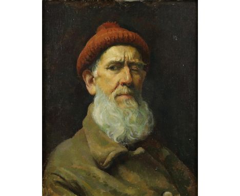 § Lionel Ellis (1903-1988).  Portrait of a Bearded Man with Red Cap, possibly a self portrait.  Oil on board 1920, artists la