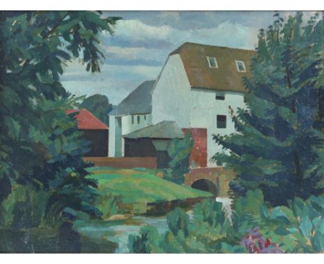 § Lionel Ellis. (1903-1988),  Mill by a Pond, Oil on board, inscribed Ellis verso. 43 x 54cm. Together with another similar, 