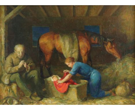 § Lionel Ellis (1903-1988),  Family Group with Horse in a Stable. Oil on board. Unsigned. 38 x 48cms.  Lionel Ellis ARCA (190