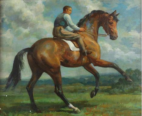 § Lionel Ellis (1903-1988) Rider on a Spirited Horse. Oil on board, indistinctly signed lower right and labelled verso. Note 
