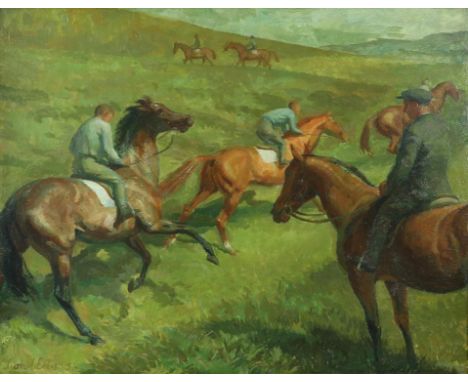 § Lionel Ellis (1903-1988) Horsemen on a hillside. Oil in board 1956, signed and dated lower  left. 52 x 62cm.Lionel Ellis AR