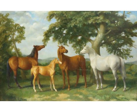 § Lionel Ellis. (1903-1988), Three Horses and a Foal beneath an Oak Tree. Oil on board, unsigned. 74 x 106cm. Lionel Ellis AR