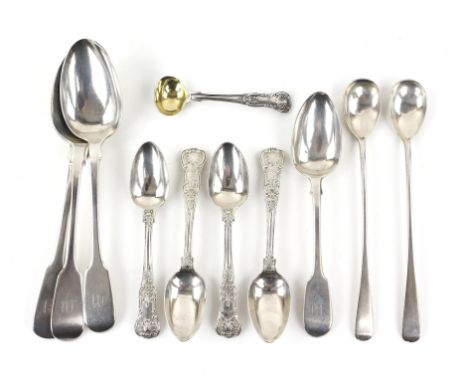 Three early 19th century fiddle pattern table spoons, similar dessert spoon, various dates and makers, four Kings Pattern tea