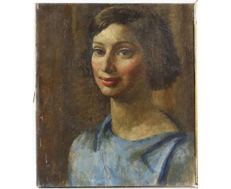 § Lionel Ellis (1903-1988),. Portrait of a Woman in Blue, oil on canvas, unsigned.  40 x 35cm. Together with Portrait of a Sl