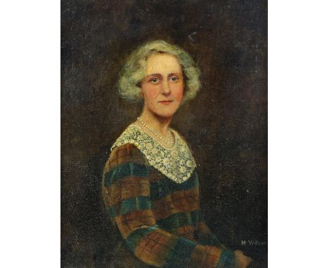 M. Wilson, oil portrait of a woman in a tartan dress, on canvas, signed, 44cm x 34cm