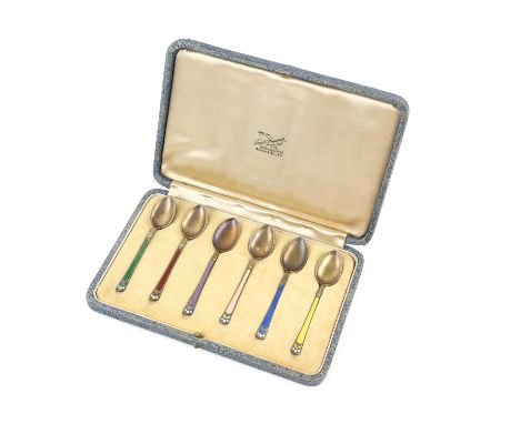 Cased set of Norwegian Art Deco silver and enamel coffee spoons marked 925