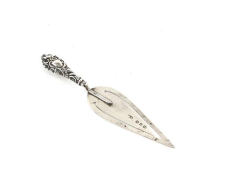 19th Century silver bookmark in the form of a trowel with embossed handle, Birmingham 1898