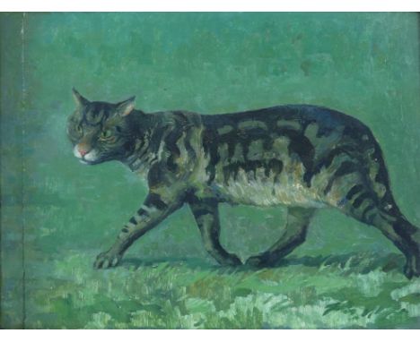 § Lionel Ellis.(1903-1988)  A Prowling Cat. Oil on board, unsigned. 46 x 56cms.Lionel Ellis ARCA (1903-1988) was an important