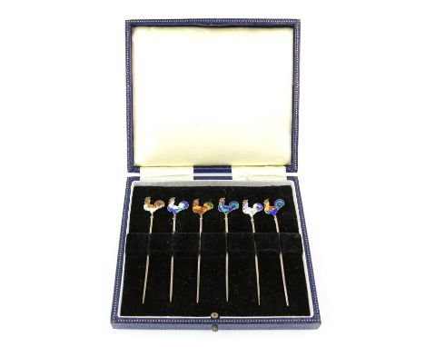 Cased set of silver and enamel cockerel cocktail sticks, each bird with individual enamel decoration, marked sterlingConditio