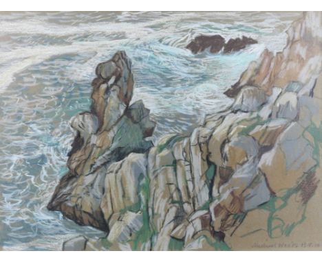 Michael Woods (British twentieth century), seascape with cliffs. Pastel. Signed and dated 1974 lower right. Framed and glazed