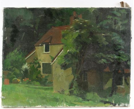 § Lionel Ellis.(1903-1988)  House in Trees, oil on canvas, unsigned 36 x 46cm.  Mill House, oil on board, unsigned. 25 x 35. 