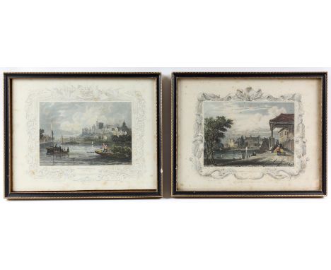 Two eighteenth-century hand-coloured etchings depicting Hampton Court Bridge and Windsor Castle. Framed and glazed. Image siz