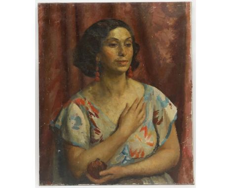 § Lionel Ellis. (1903-1988)  Portrait of a Woman holding a Pomegranate. Oil on canvas, unsigned. 75 x 64cm.  Lionel Ellis ARC