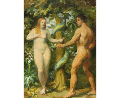 § Lionel Ellis. (1903-1988)  Adam and Eve in the Garden of Eden.  Oil on board. 45 x 34.  Lionel Ellis ARCA (1903-1988) was a