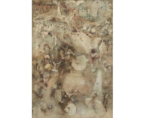 § Howard K. Elcock (British, 1886-1952). Fantasy figures partying. Watercolour 1923. Signed and dated lower right 41x28 cm, f