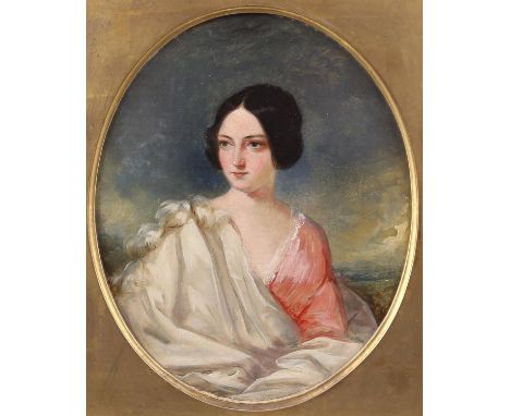 Portrait of a lady with landscape beyond. 19th century painted oval. Oil on canvas. 40 x 35cm. 