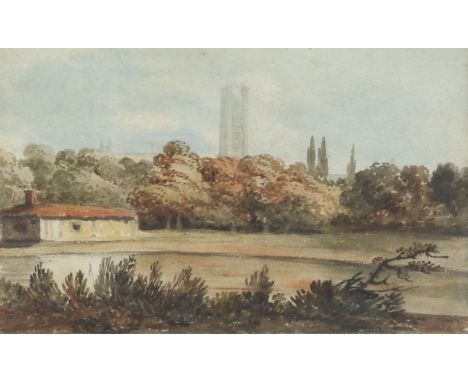 Peter de Wint (British, 1784-1849). A cathedral tower above trees beyond a meadow, watercolour, 13cm x 21cm, From the propert