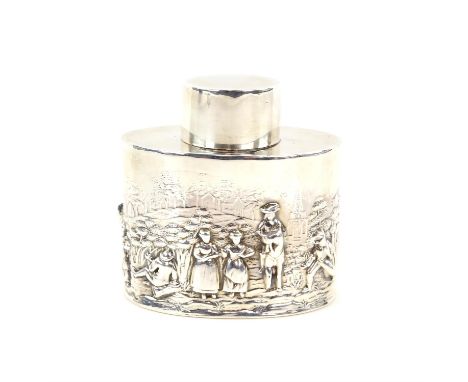 George V oval silver tea caddy and cover, with embossed figures in country life, byGeorge Nathan & Ridley Hayes, Birmingham 1